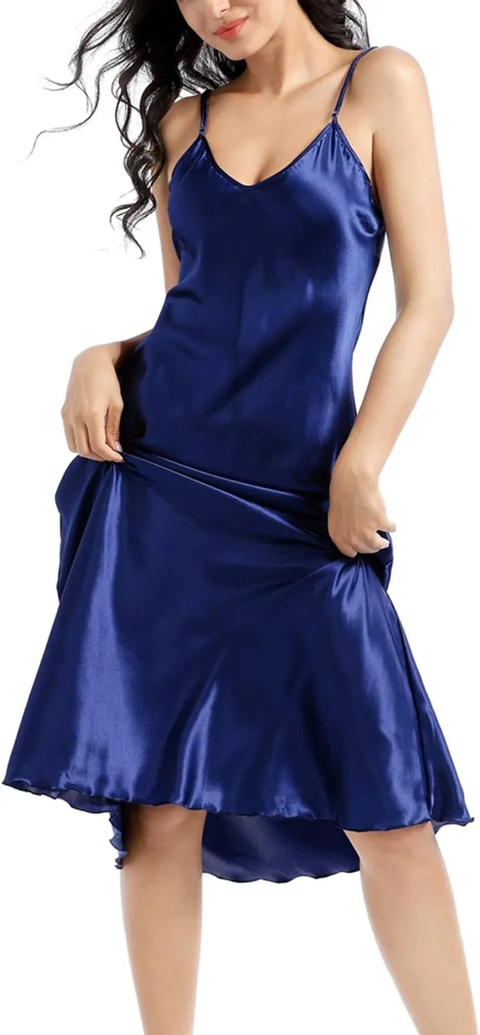 Lu's Chic Women's Satin Nightgown Spaghetti Strap Slip Nightdress Chemise Negligee Lingerie