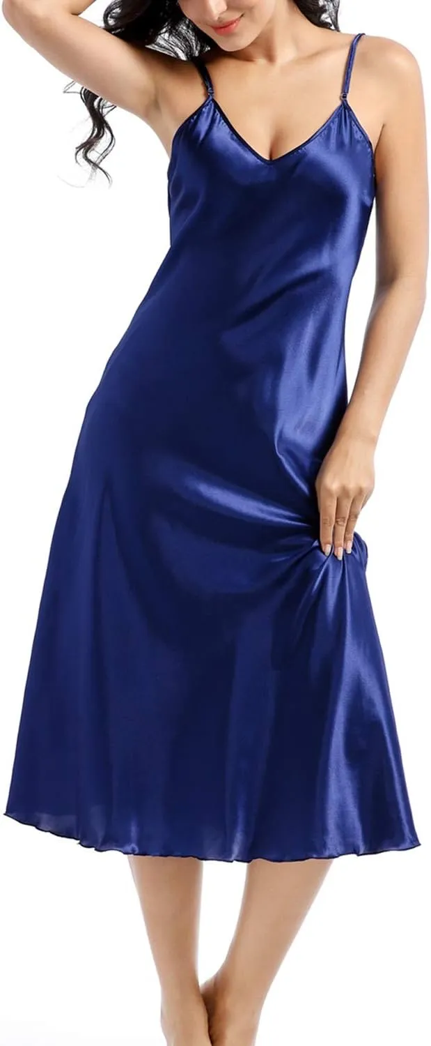 Lu's Chic Women's Satin Nightgown Spaghetti Strap Slip Nightdress Chemise Negligee Lingerie