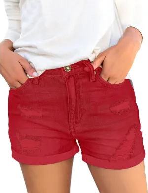 luvamia Women's Ripped High Waisted Denim Shorts Stretchy Cuffed Hem Jean Shorts