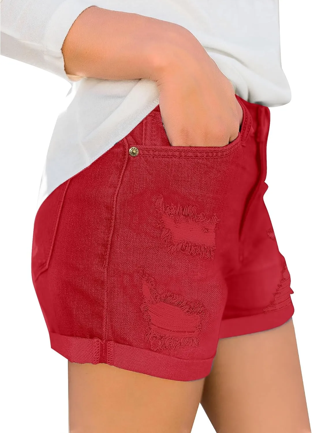 luvamia Women's Ripped High Waisted Denim Shorts Stretchy Cuffed Hem Jean Shorts