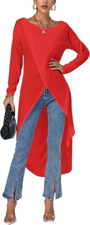 LYANER Women's High Low Hem Split Wrap Front Long Sleeve Tunic Long Shirt Blouse Top
