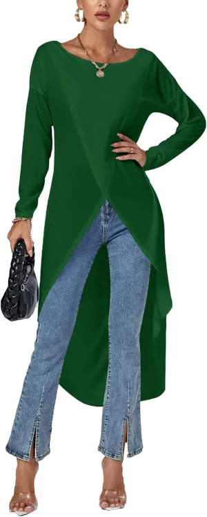 LYANER Women's High Low Hem Split Wrap Front Long Sleeve Tunic Long Shirt Blouse Top