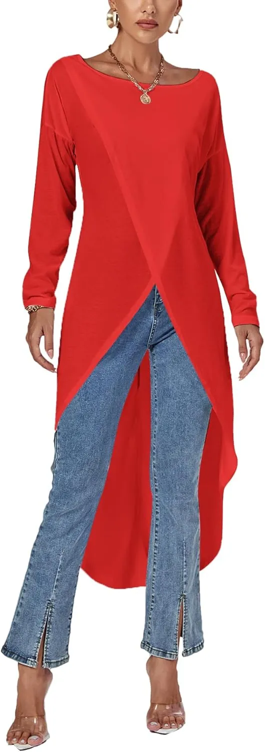 LYANER Women's High Low Hem Split Wrap Front Long Sleeve Tunic Long Shirt Blouse Top