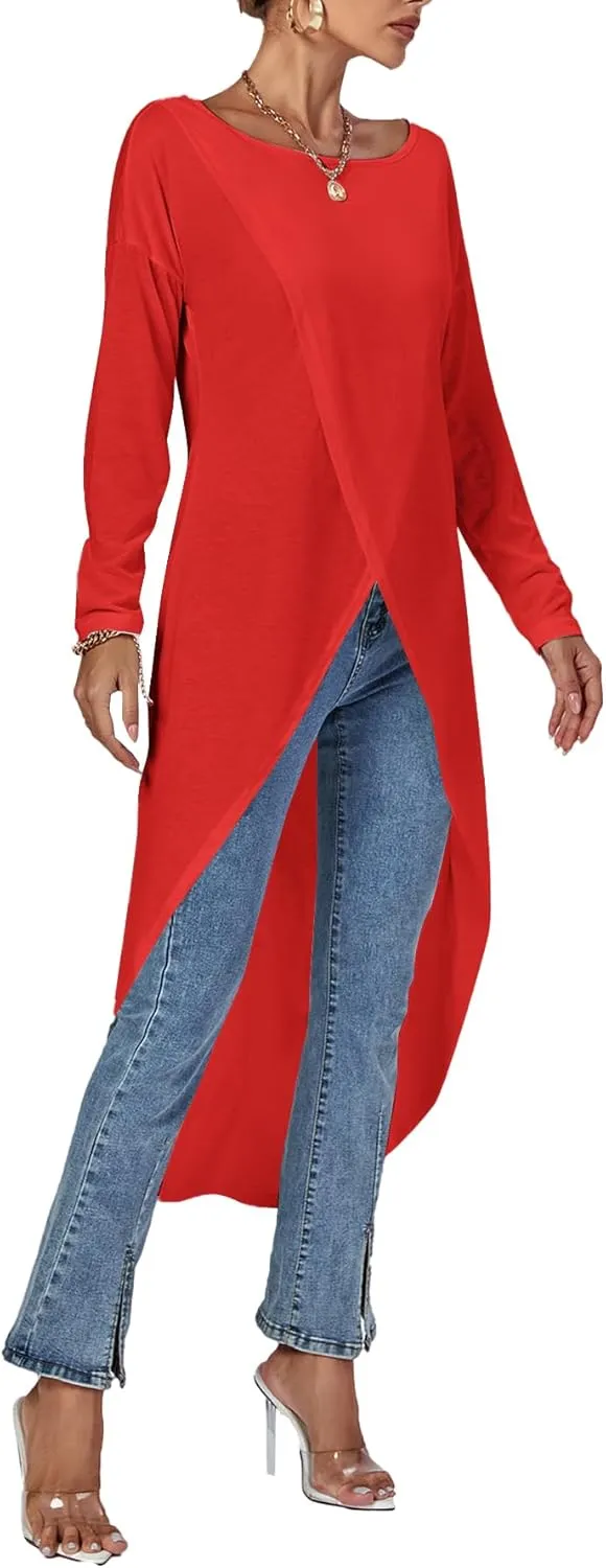 LYANER Women's High Low Hem Split Wrap Front Long Sleeve Tunic Long Shirt Blouse Top