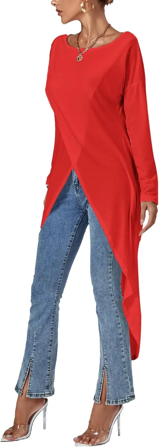 LYANER Women's High Low Hem Split Wrap Front Long Sleeve Tunic Long Shirt Blouse Top