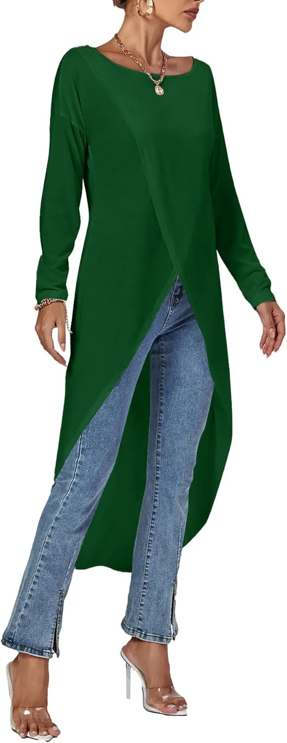 LYANER Women's High Low Hem Split Wrap Front Long Sleeve Tunic Long Shirt Blouse Top