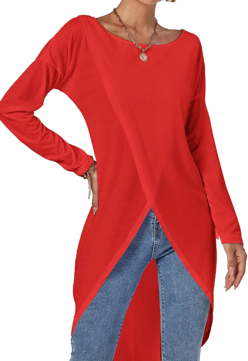 LYANER Women's High Low Hem Split Wrap Front Long Sleeve Tunic Long Shirt Blouse Top