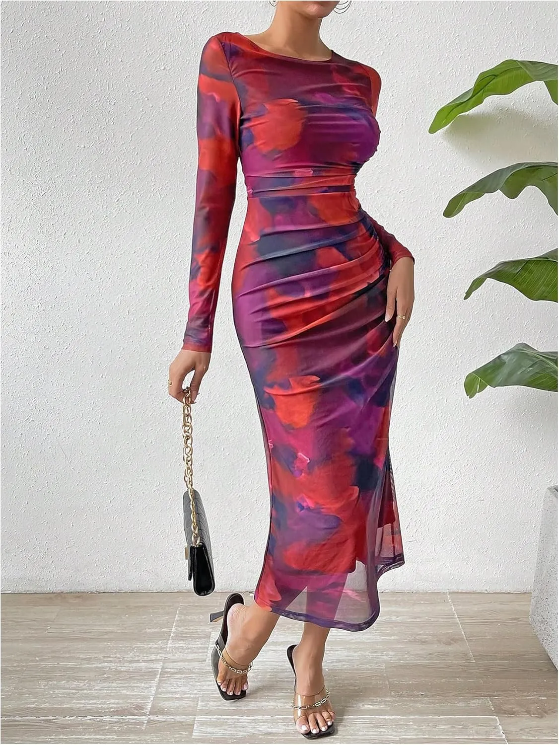 MakeMeChic Women's Elegant Tie Dye Mesh Ruched Long Sleeve Round Neck Bodycon Midi Long Dresses