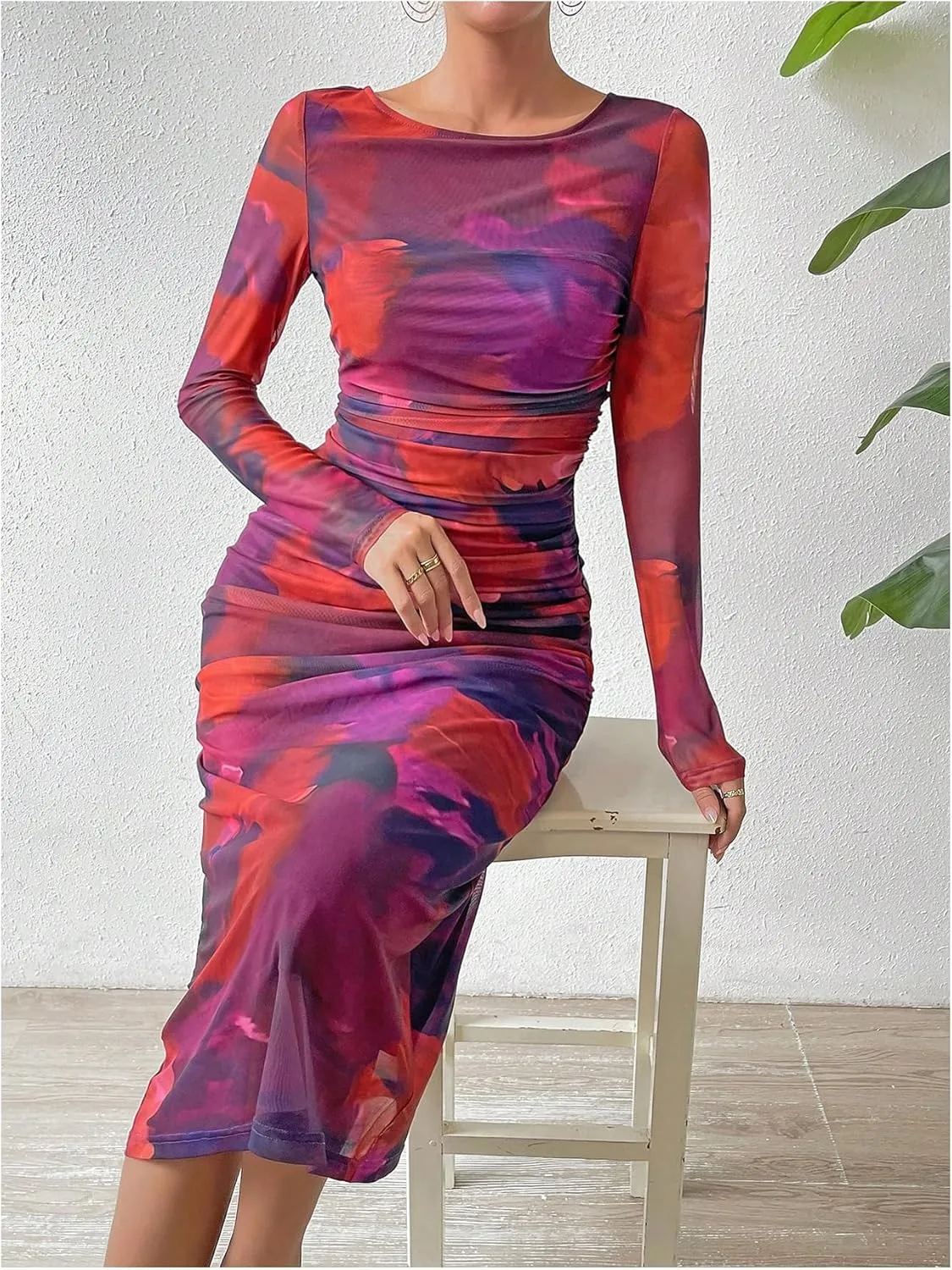 MakeMeChic Women's Elegant Tie Dye Mesh Ruched Long Sleeve Round Neck Bodycon Midi Long Dresses