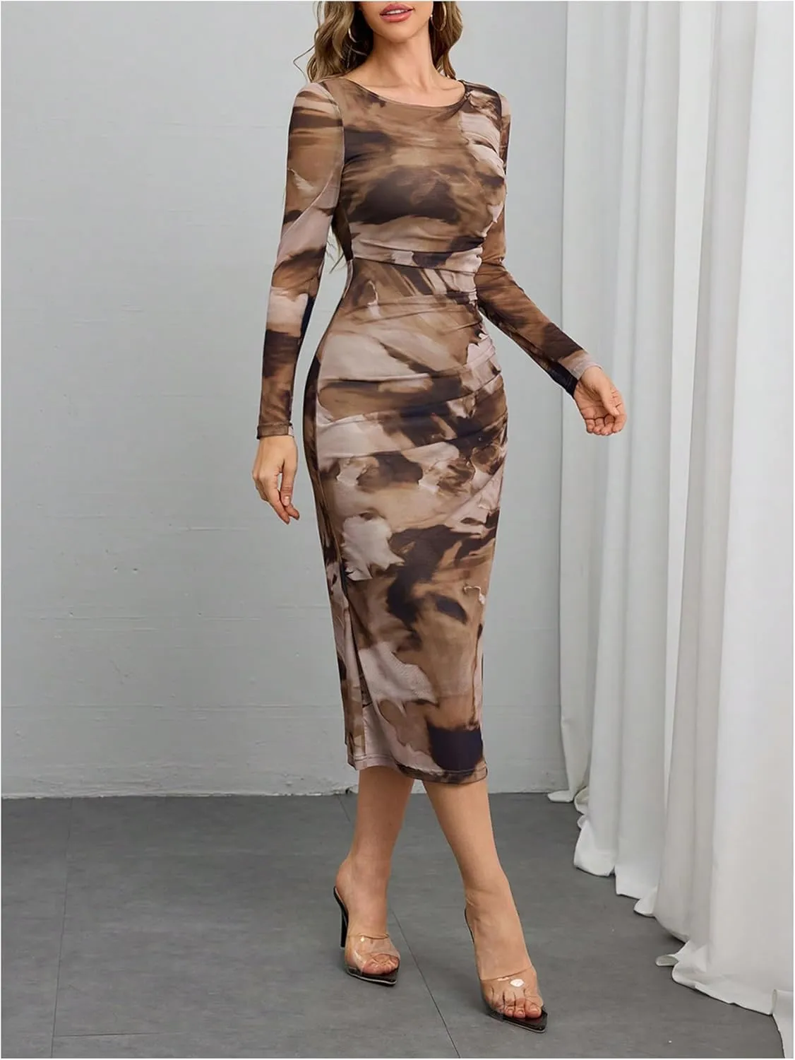 MakeMeChic Women's Elegant Tie Dye Mesh Ruched Long Sleeve Round Neck Bodycon Midi Long Dresses