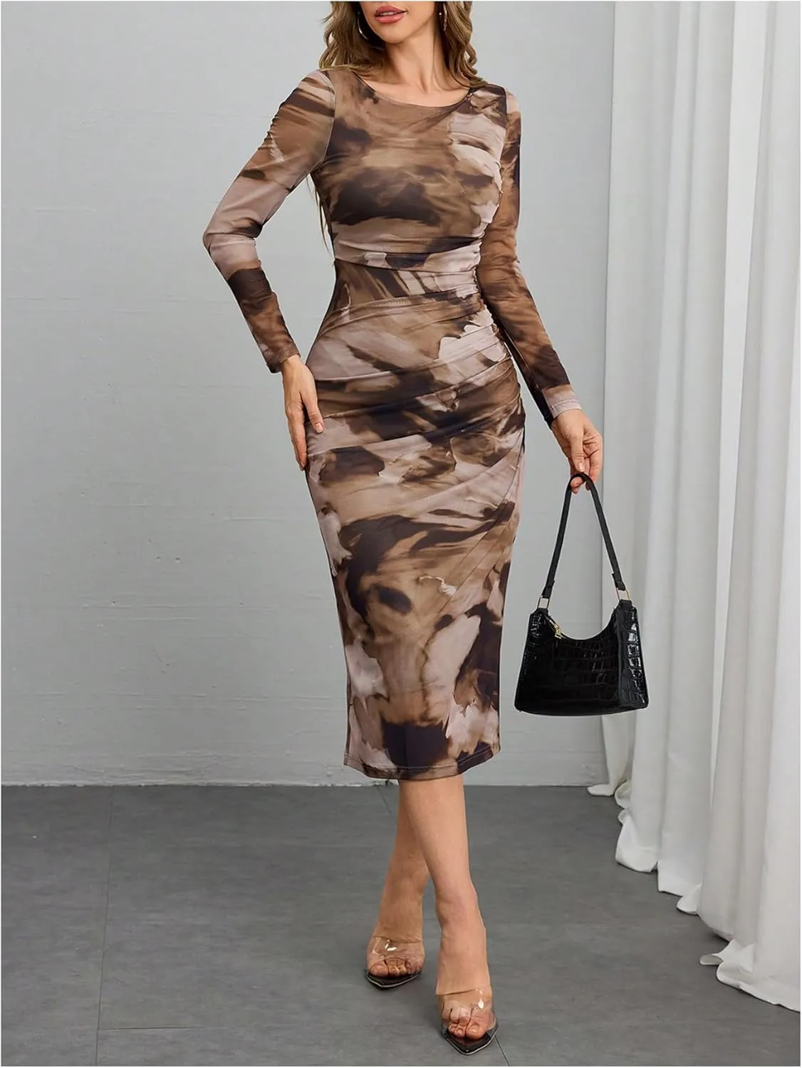 MakeMeChic Women's Elegant Tie Dye Mesh Ruched Long Sleeve Round Neck Bodycon Midi Long Dresses