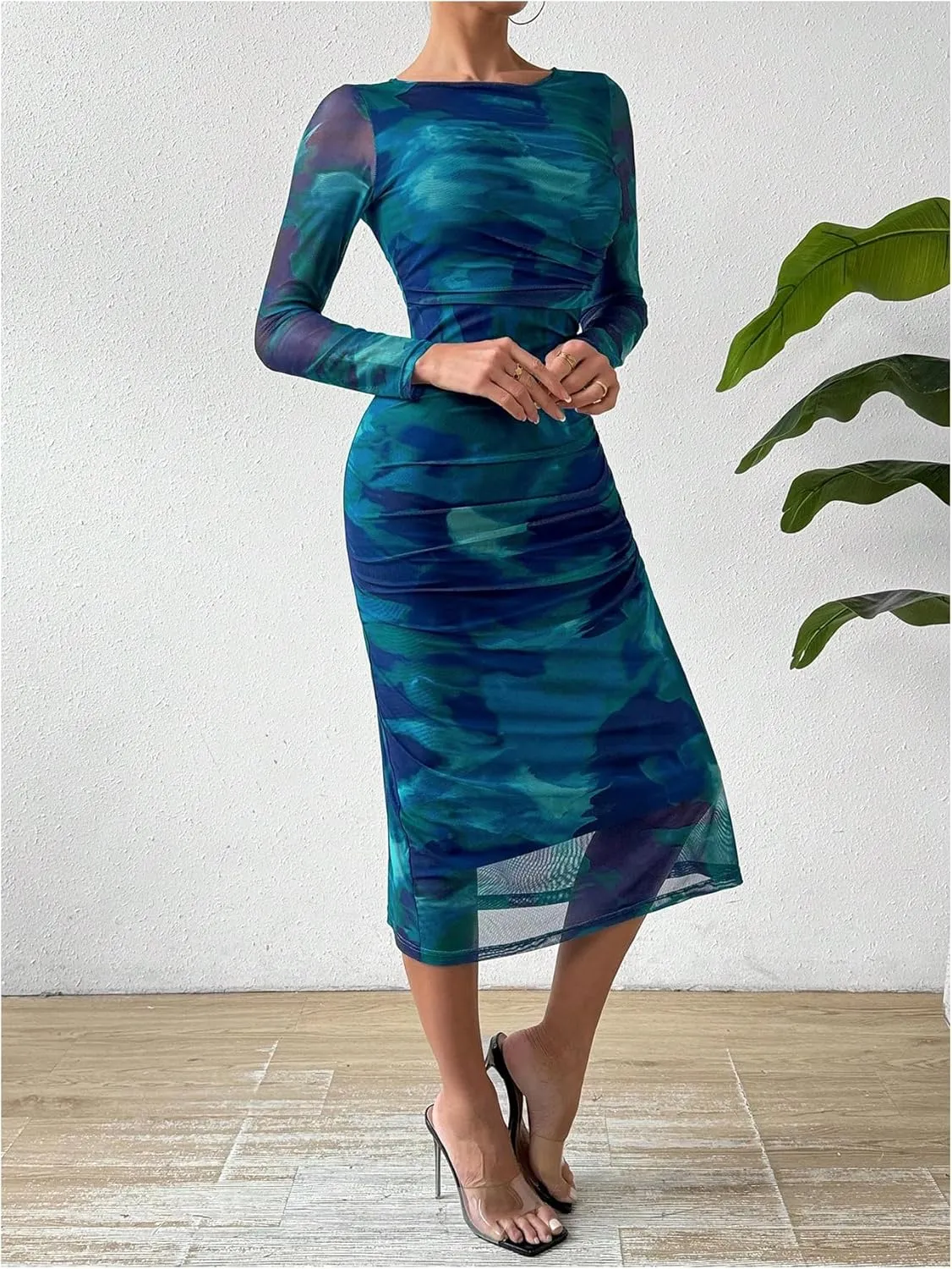 MakeMeChic Women's Elegant Tie Dye Mesh Ruched Long Sleeve Round Neck Bodycon Midi Long Dresses