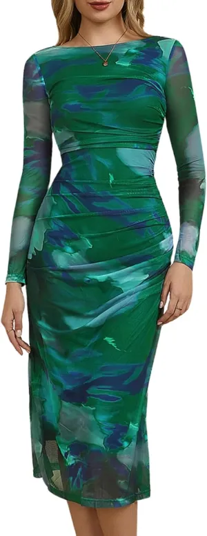MakeMeChic Women's Elegant Tie Dye Mesh Ruched Long Sleeve Round Neck Bodycon Midi Long Dresses