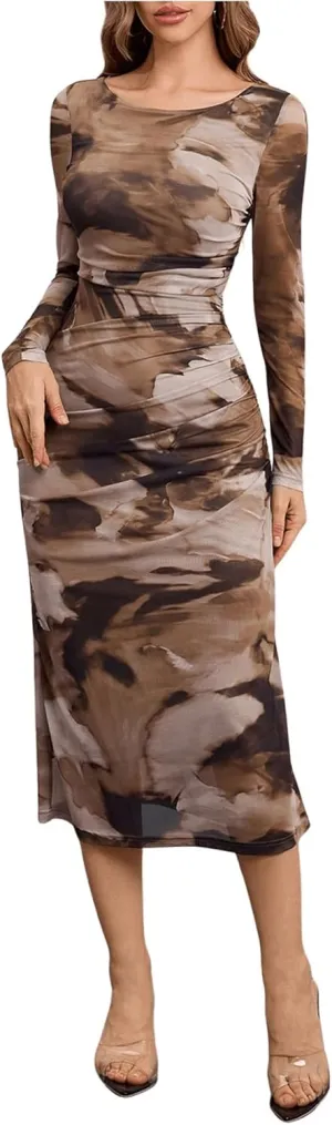 MakeMeChic Women's Elegant Tie Dye Mesh Ruched Long Sleeve Round Neck Bodycon Midi Long Dresses