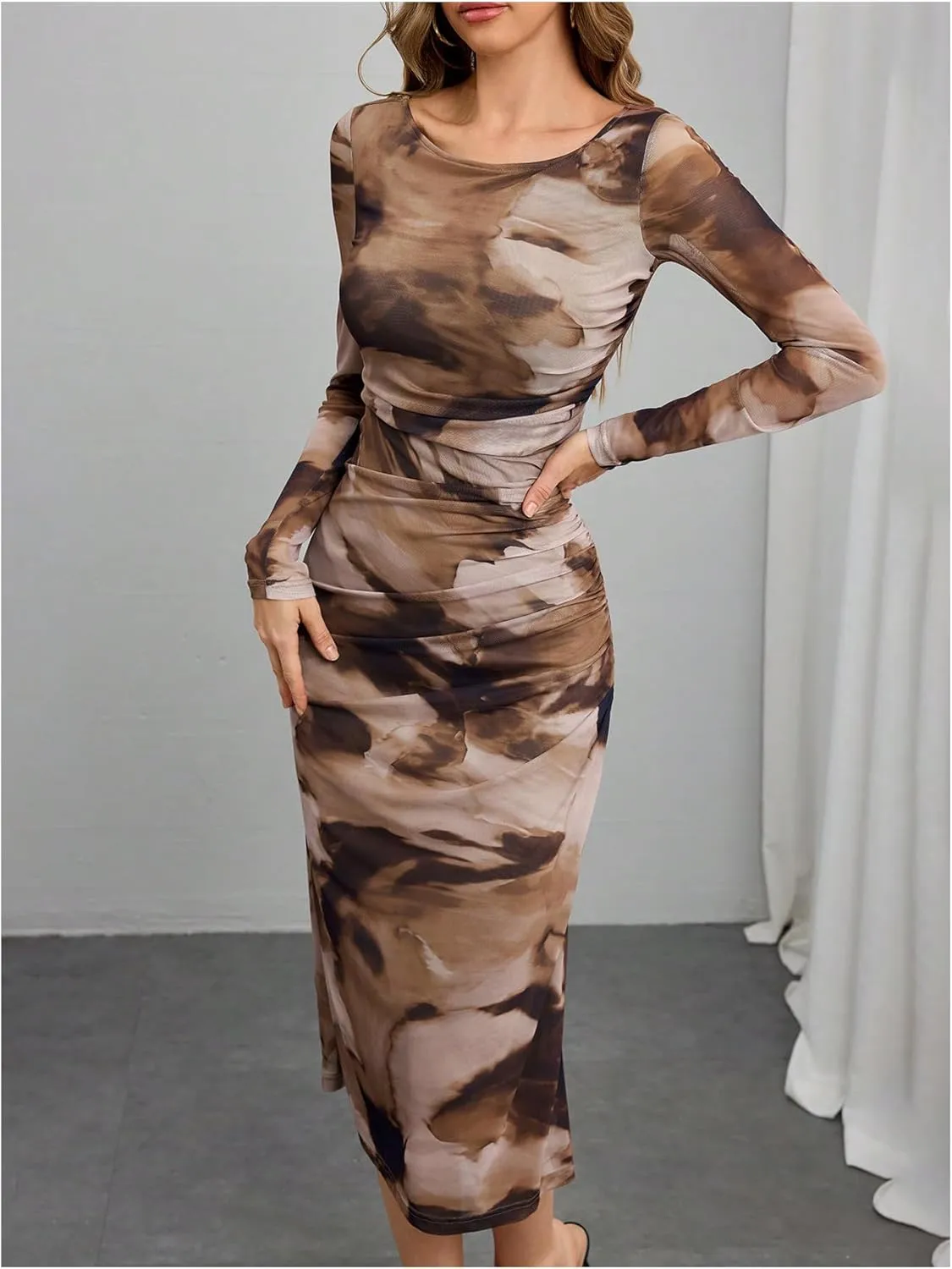 MakeMeChic Women's Elegant Tie Dye Mesh Ruched Long Sleeve Round Neck Bodycon Midi Long Dresses