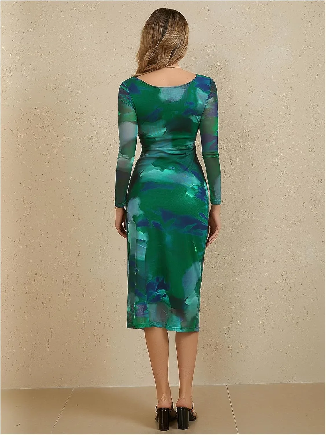 MakeMeChic Women's Elegant Tie Dye Mesh Ruched Long Sleeve Round Neck Bodycon Midi Long Dresses