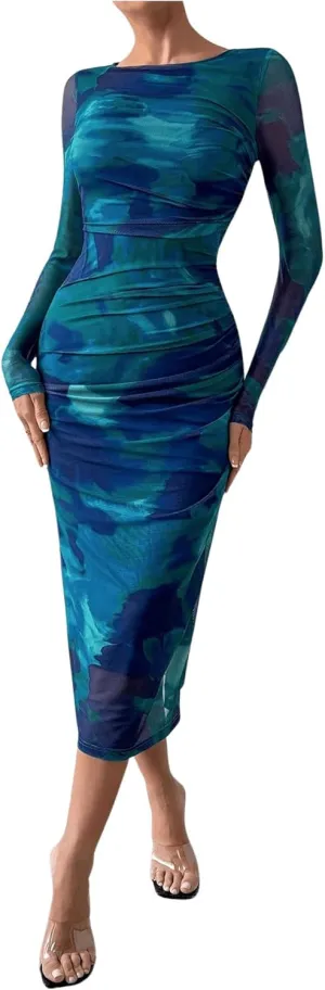 MakeMeChic Women's Elegant Tie Dye Mesh Ruched Long Sleeve Round Neck Bodycon Midi Long Dresses