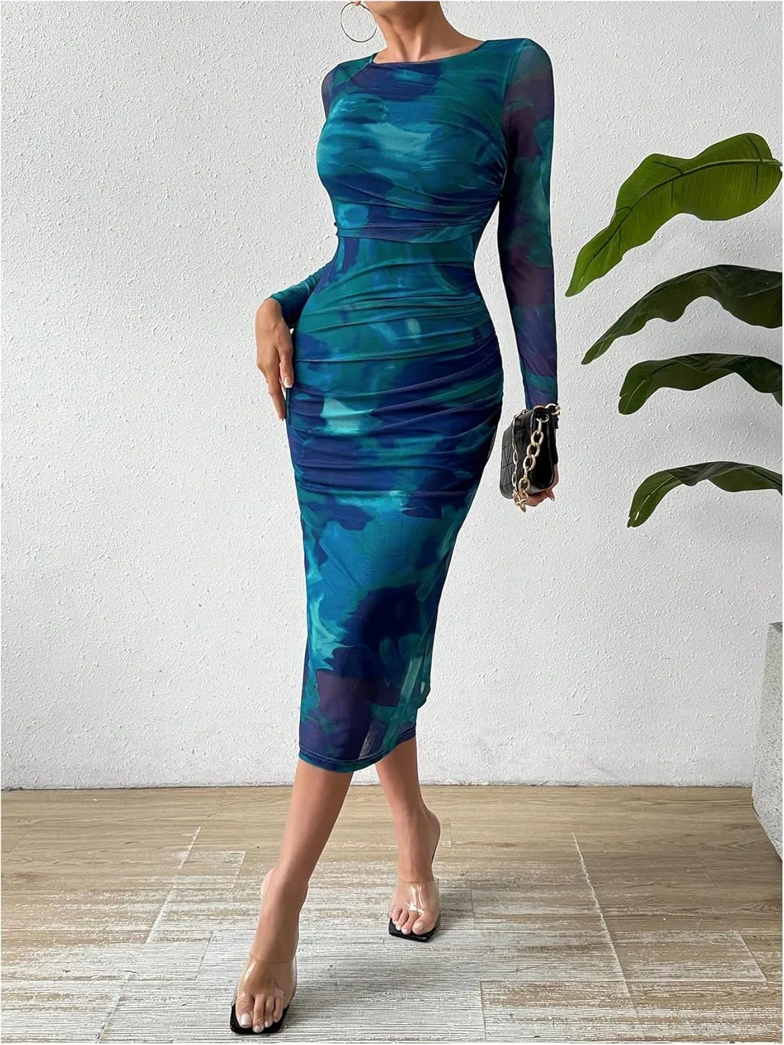 MakeMeChic Women's Elegant Tie Dye Mesh Ruched Long Sleeve Round Neck Bodycon Midi Long Dresses