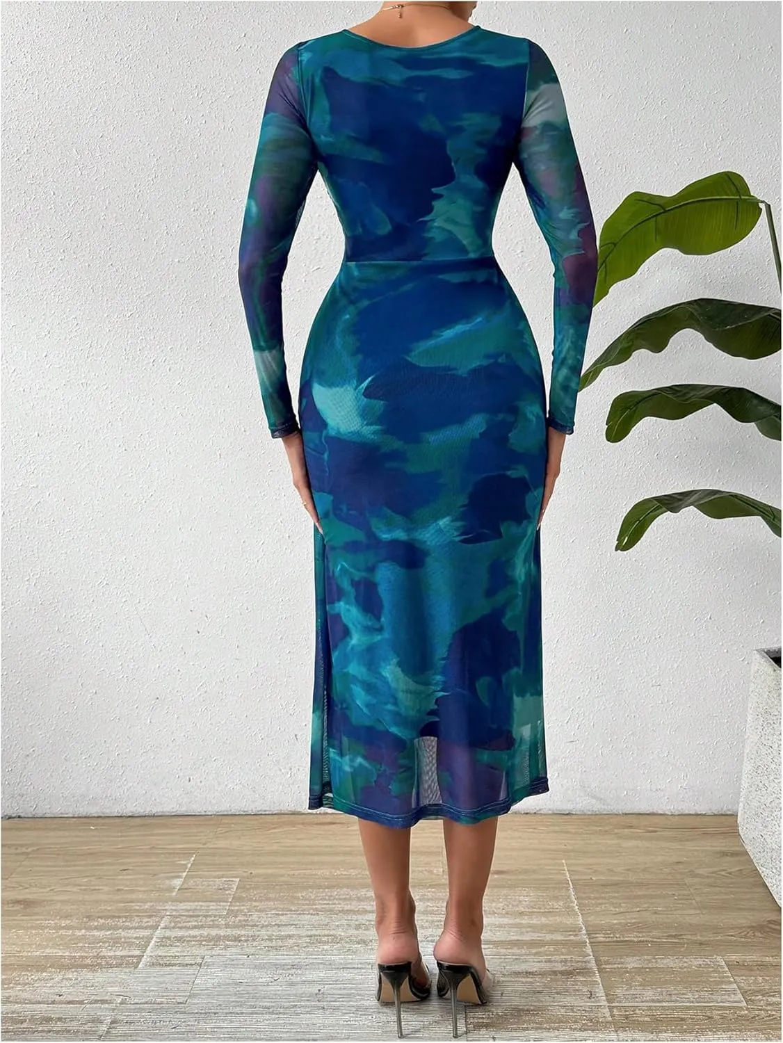 MakeMeChic Women's Elegant Tie Dye Mesh Ruched Long Sleeve Round Neck Bodycon Midi Long Dresses