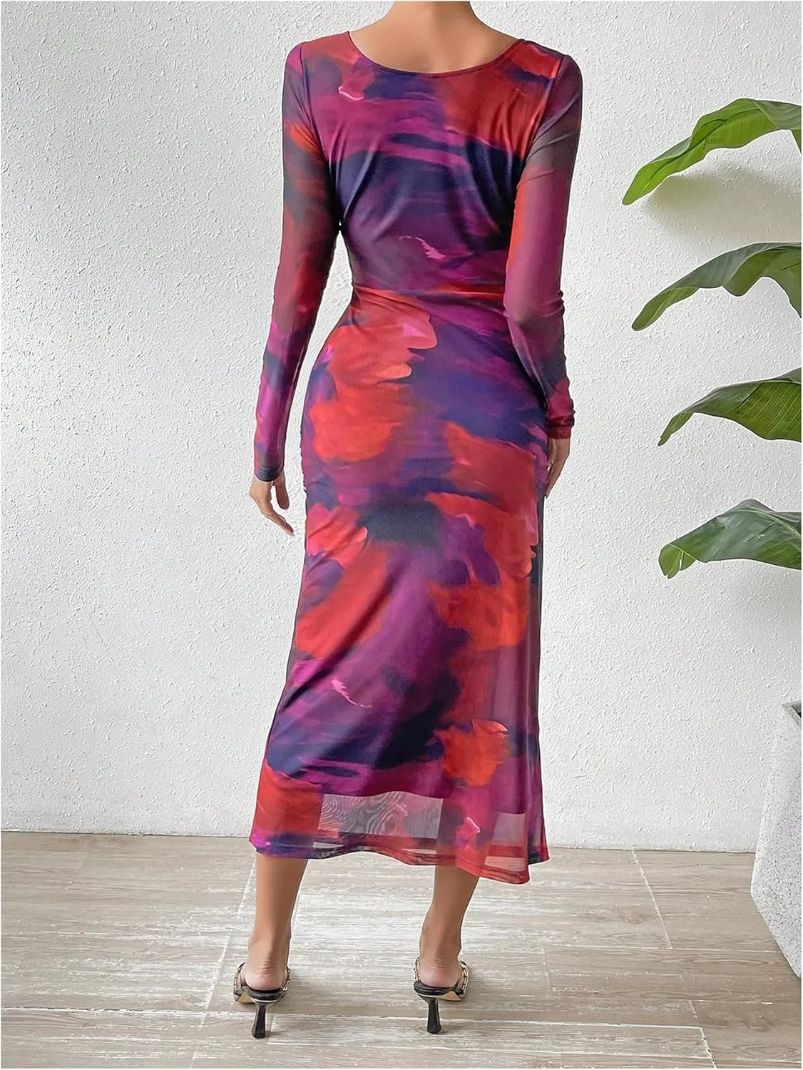MakeMeChic Women's Elegant Tie Dye Mesh Ruched Long Sleeve Round Neck Bodycon Midi Long Dresses