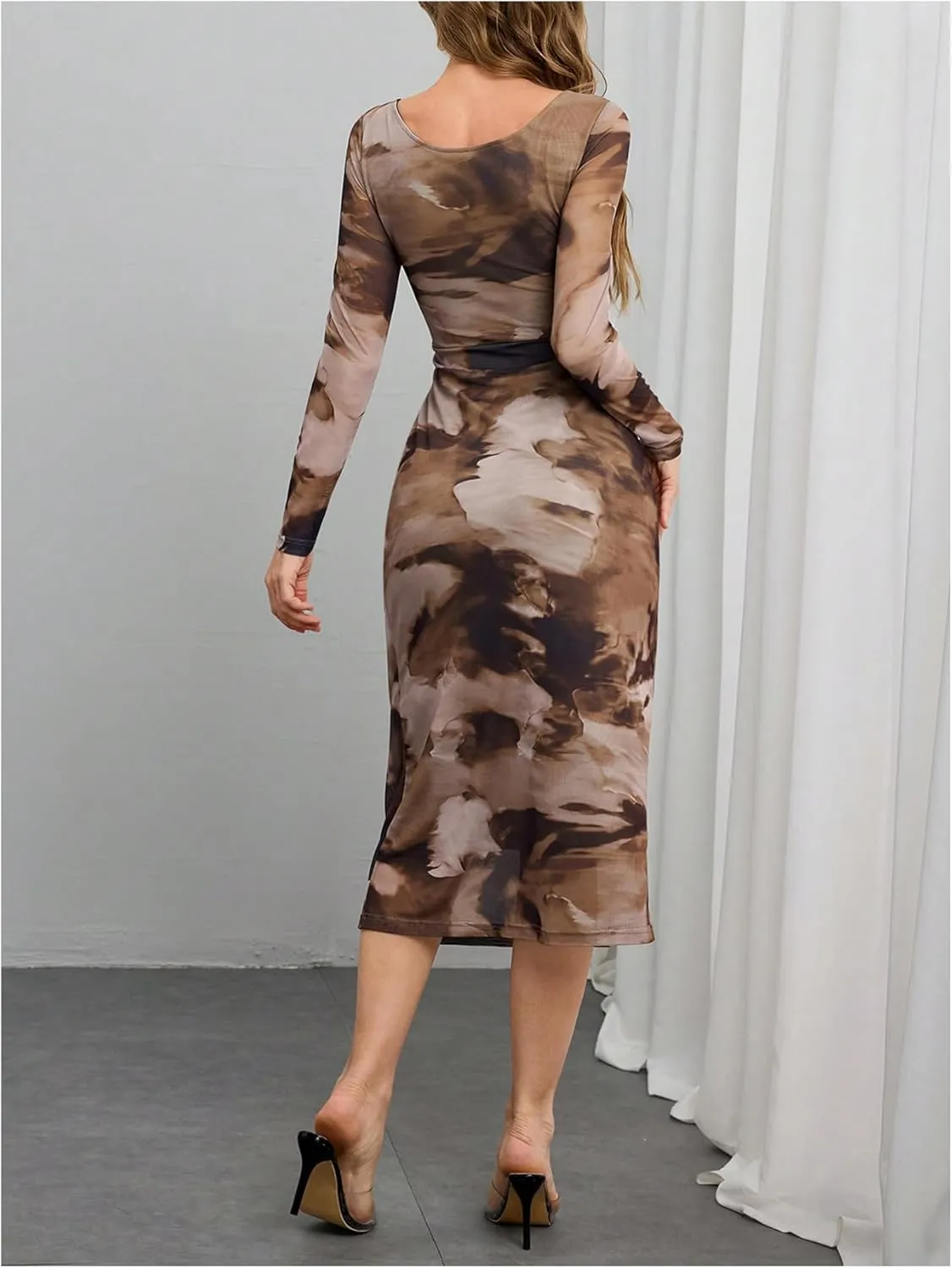 MakeMeChic Women's Elegant Tie Dye Mesh Ruched Long Sleeve Round Neck Bodycon Midi Long Dresses