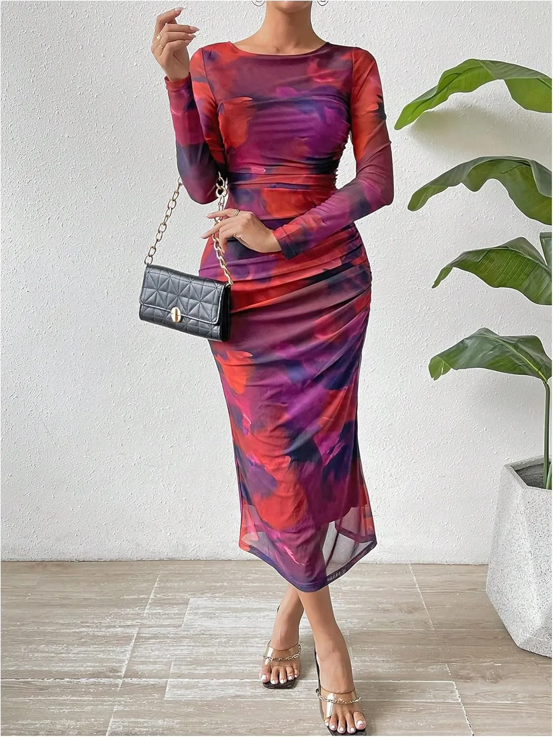 MakeMeChic Women's Elegant Tie Dye Mesh Ruched Long Sleeve Round Neck Bodycon Midi Long Dresses
