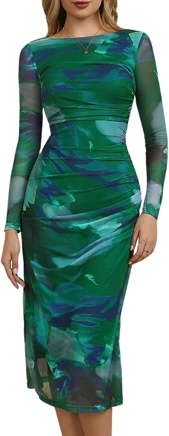 MakeMeChic Women's Elegant Tie Dye Mesh Ruched Long Sleeve Round Neck Bodycon Midi Long Dresses