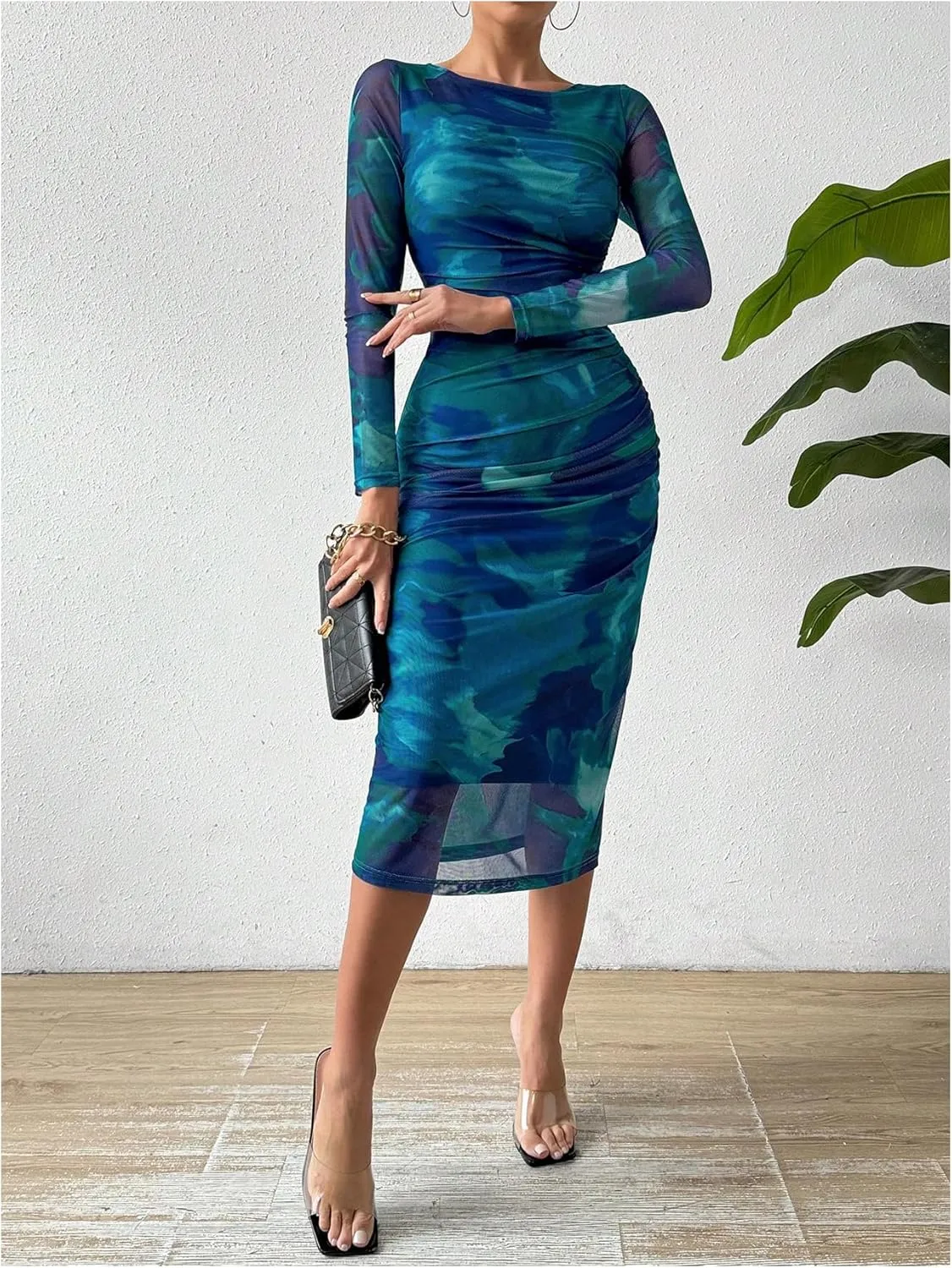 MakeMeChic Women's Elegant Tie Dye Mesh Ruched Long Sleeve Round Neck Bodycon Midi Long Dresses