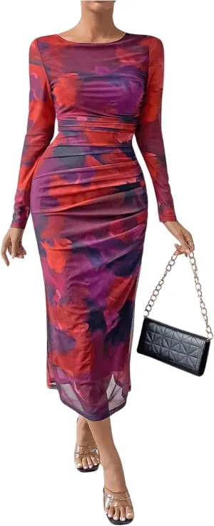 MakeMeChic Women's Elegant Tie Dye Mesh Ruched Long Sleeve Round Neck Bodycon Midi Long Dresses
