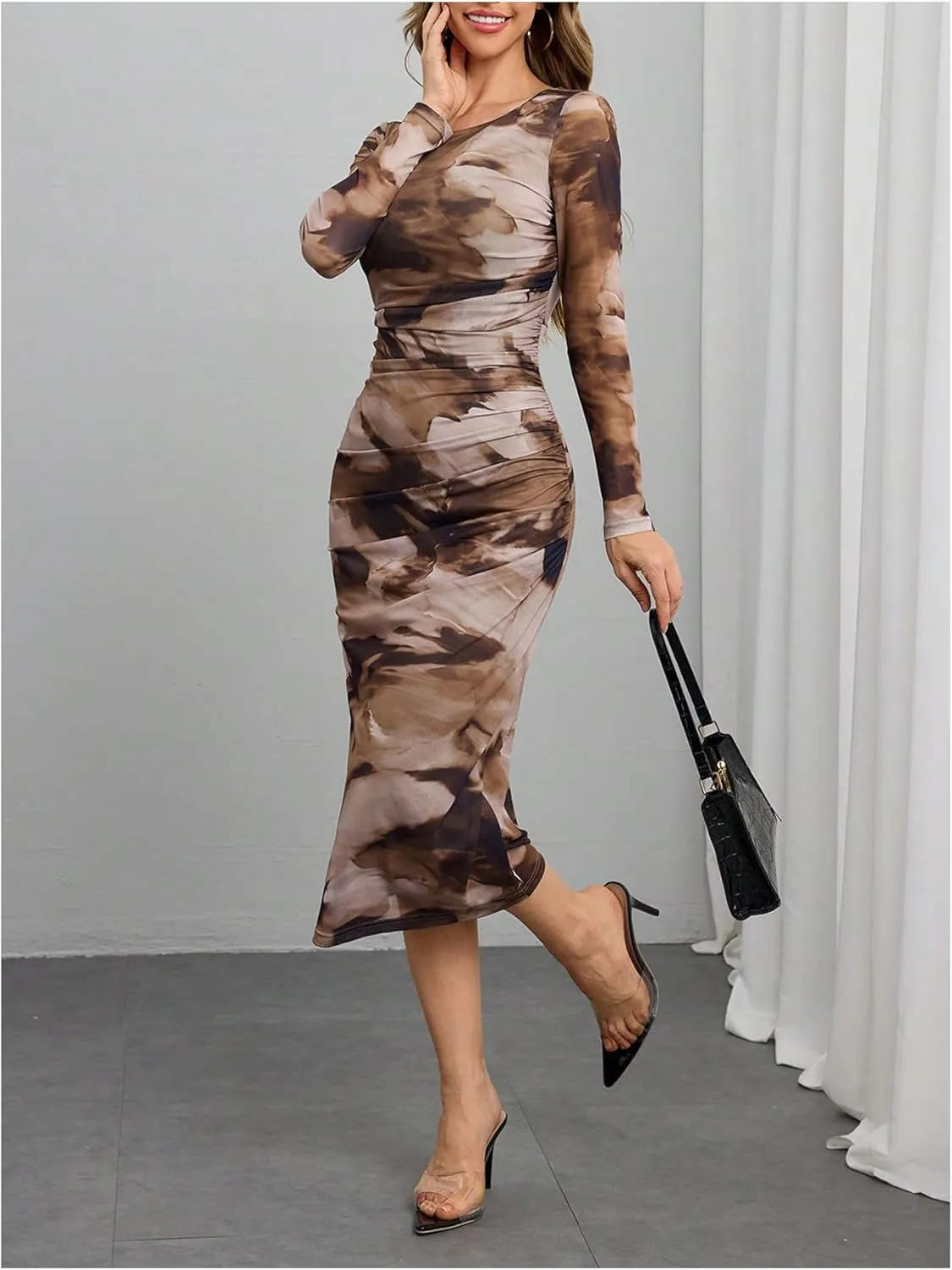 MakeMeChic Women's Elegant Tie Dye Mesh Ruched Long Sleeve Round Neck Bodycon Midi Long Dresses