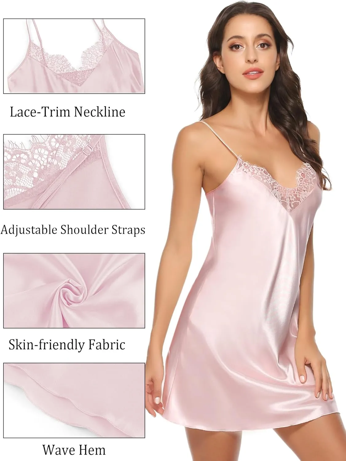 Marvmys Women's Satin Chemise Nightgown Lace Trim Silk Slip Lingerie Dress Sexy V Neck Nighties Sleepwear