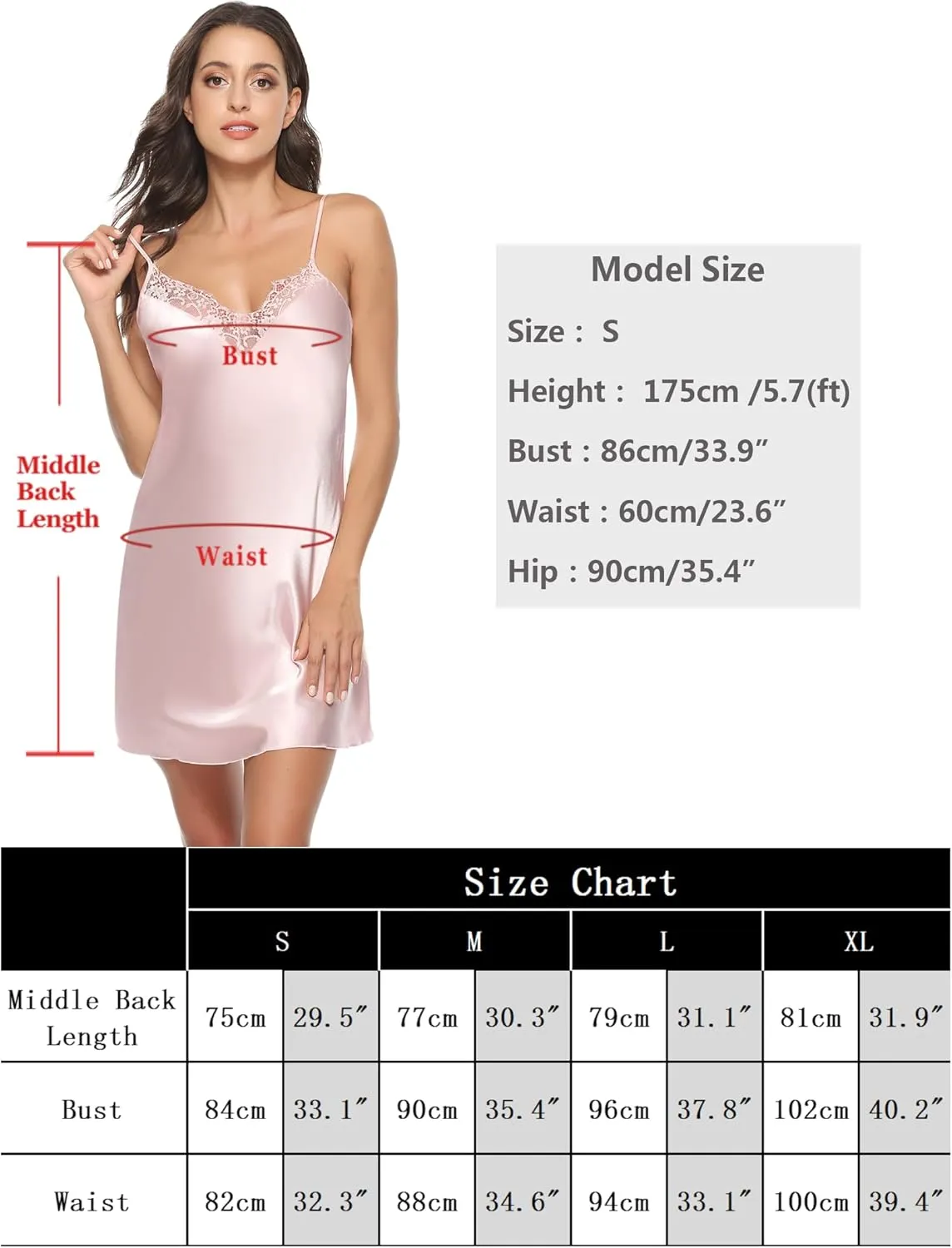 Marvmys Women's Satin Chemise Nightgown Lace Trim Silk Slip Lingerie Dress Sexy V Neck Nighties Sleepwear