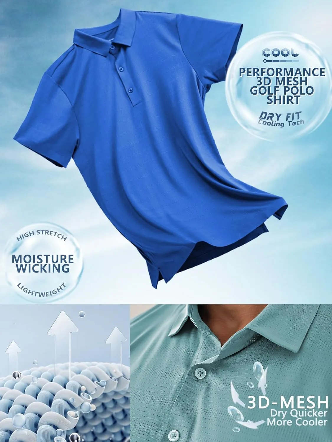 Mens Dry Fit Golf Shirt Performance Polo Short Sleeve Athletic Collared Mesh Shirt Moisture Wicking Seamless Tech