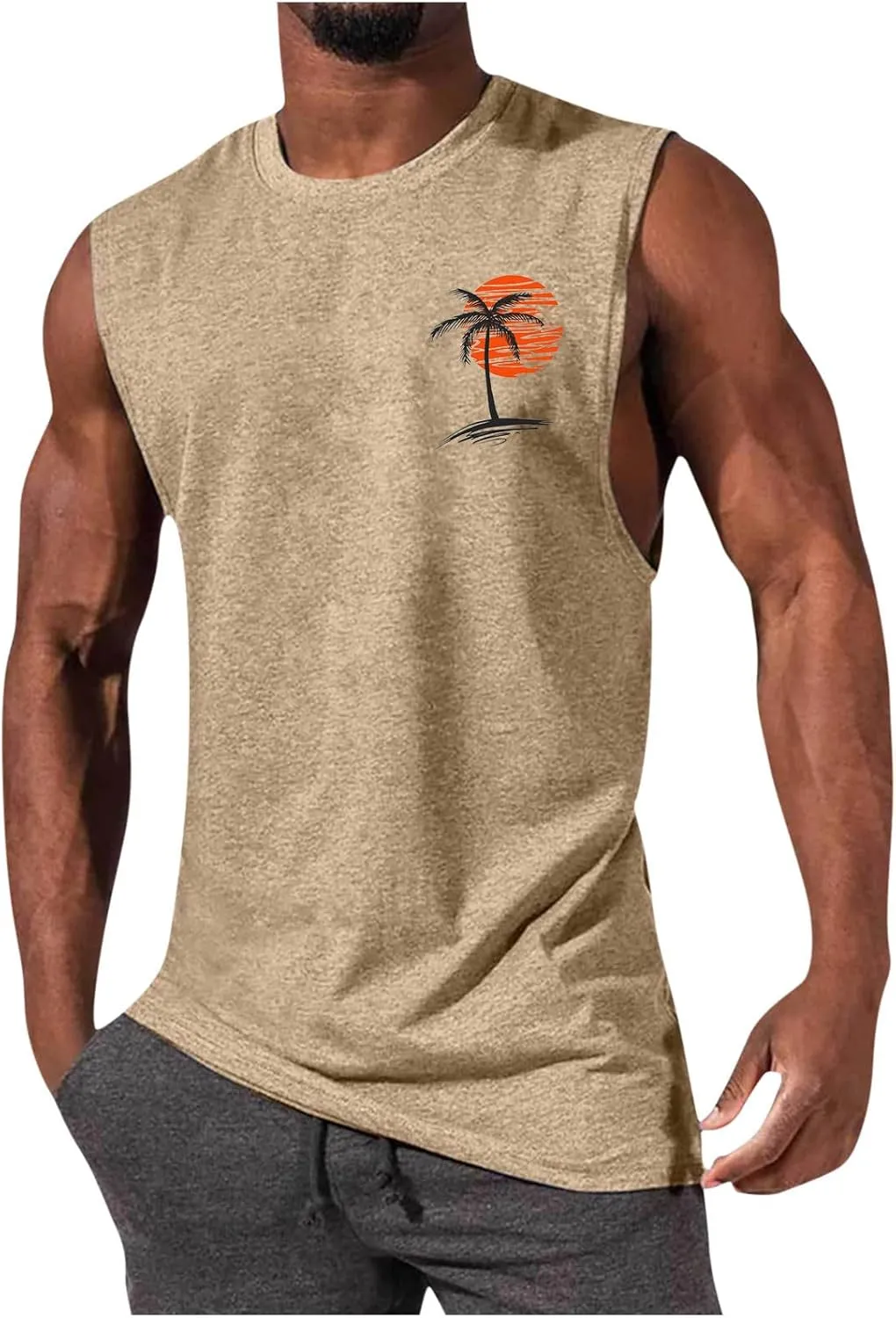 Men's Workout Tank Tops Gym Cut Off Sleeveless T Shirt Bodybuilding Fitness Muscle Athletic Tank Top Palm Tree Shirts Tee