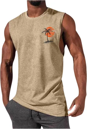 Men's Workout Tank Tops Gym Cut Off Sleeveless T Shirt Bodybuilding Fitness Muscle Athletic Tank Top Palm Tree Shirts Tee