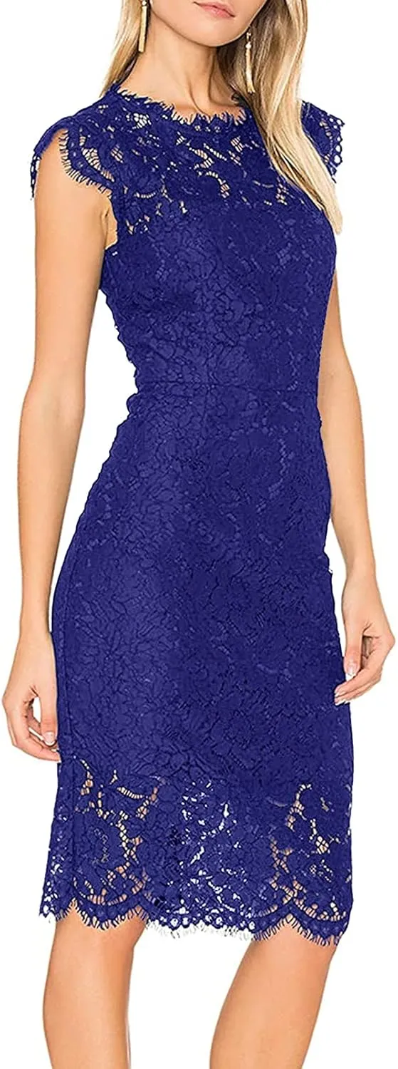 MEROKEETY Women's Sleeveless Lace Floral Elegant Cocktail Dress Crew Neck Knee Length for Party