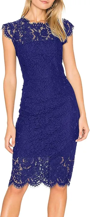 MEROKEETY Women's Sleeveless Lace Floral Elegant Cocktail Dress Crew Neck Knee Length for Party