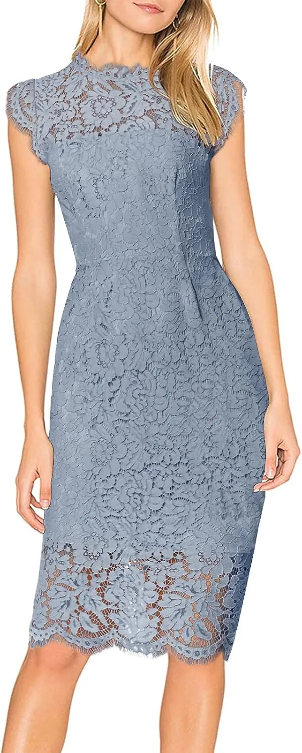 MEROKEETY Women's Sleeveless Lace Floral Elegant Cocktail Dress Crew Neck Knee Length for Party