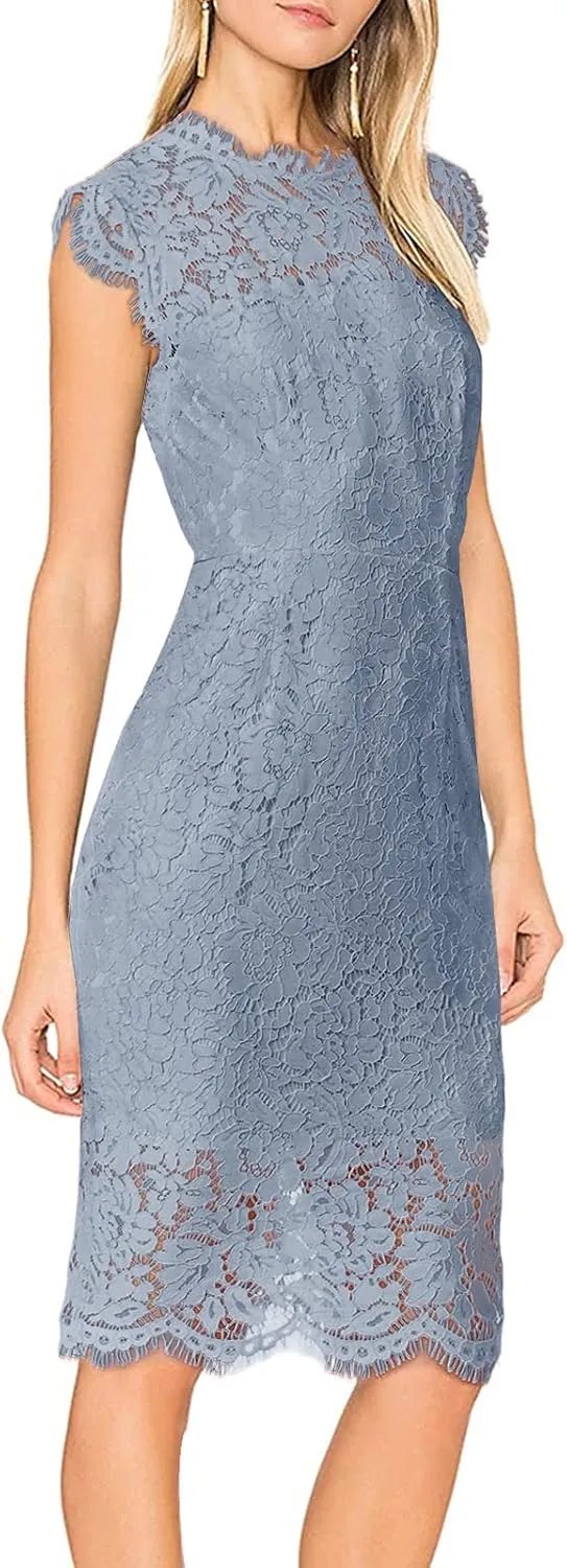 MEROKEETY Women's Sleeveless Lace Floral Elegant Cocktail Dress Crew Neck Knee Length for Party