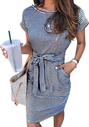 MEROKEETY Women's Summer Striped Short Sleeve T Shirt Dress Casual Tie Waist with Pockets