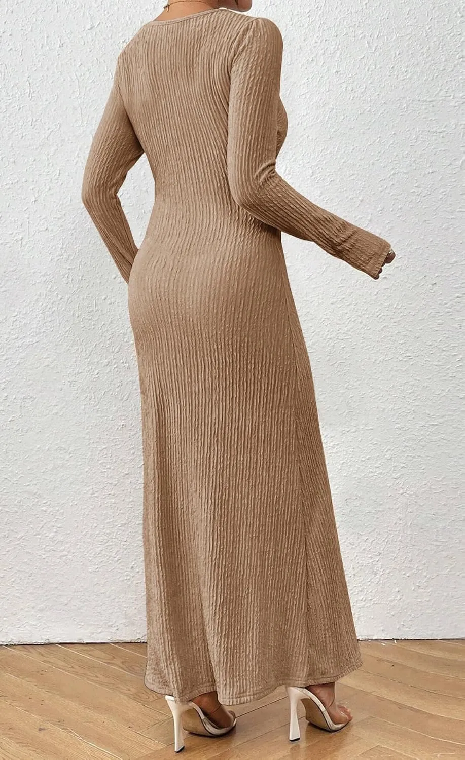 MITILLY Fall Dress for Women 2024 Long Sleeve Maxi Dress Formal Crew Neck Bodycon Ruched Textured Slim Cocktail Party Dress