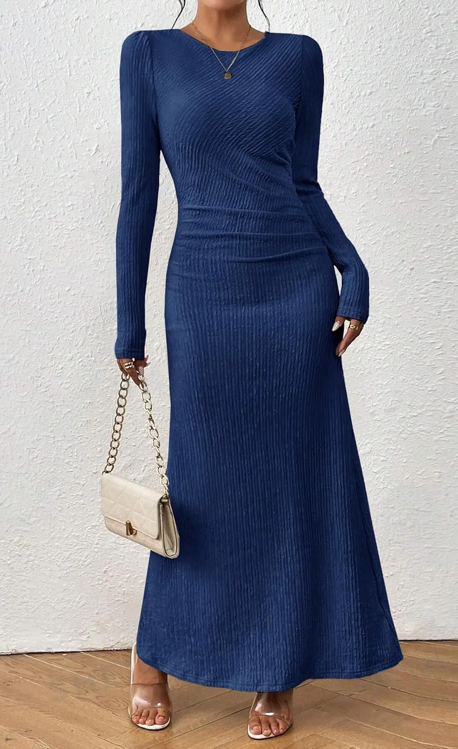 MITILLY Fall Dress for Women 2024 Long Sleeve Maxi Dress Formal Crew Neck Bodycon Ruched Textured Slim Cocktail Party Dress