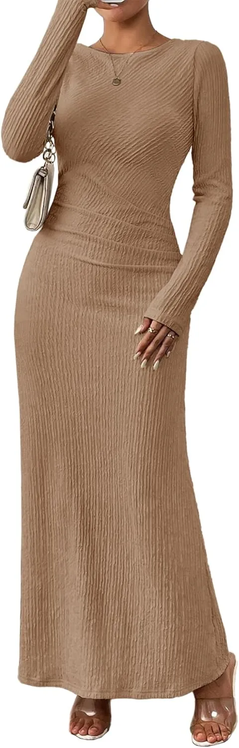 MITILLY Fall Dress for Women 2024 Long Sleeve Maxi Dress Formal Crew Neck Bodycon Ruched Textured Slim Cocktail Party Dress