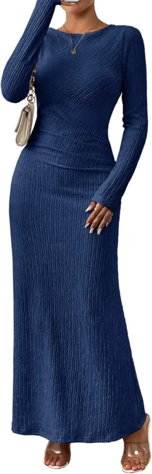MITILLY Fall Dress for Women 2024 Long Sleeve Maxi Dress Formal Crew Neck Bodycon Ruched Textured Slim Cocktail Party Dress