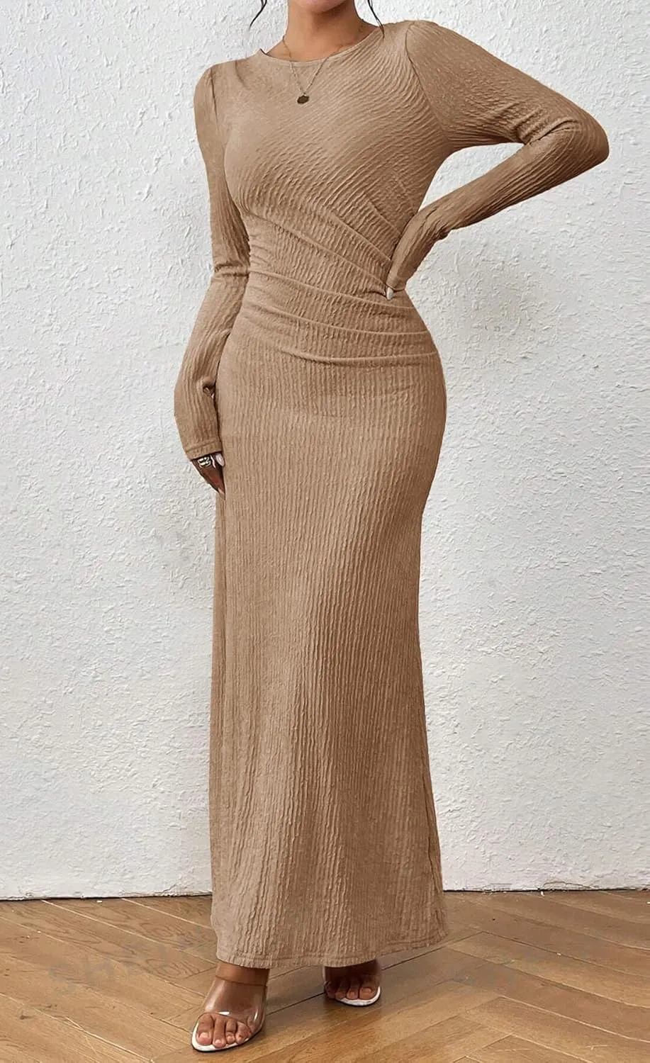 MITILLY Fall Dress for Women 2024 Long Sleeve Maxi Dress Formal Crew Neck Bodycon Ruched Textured Slim Cocktail Party Dress