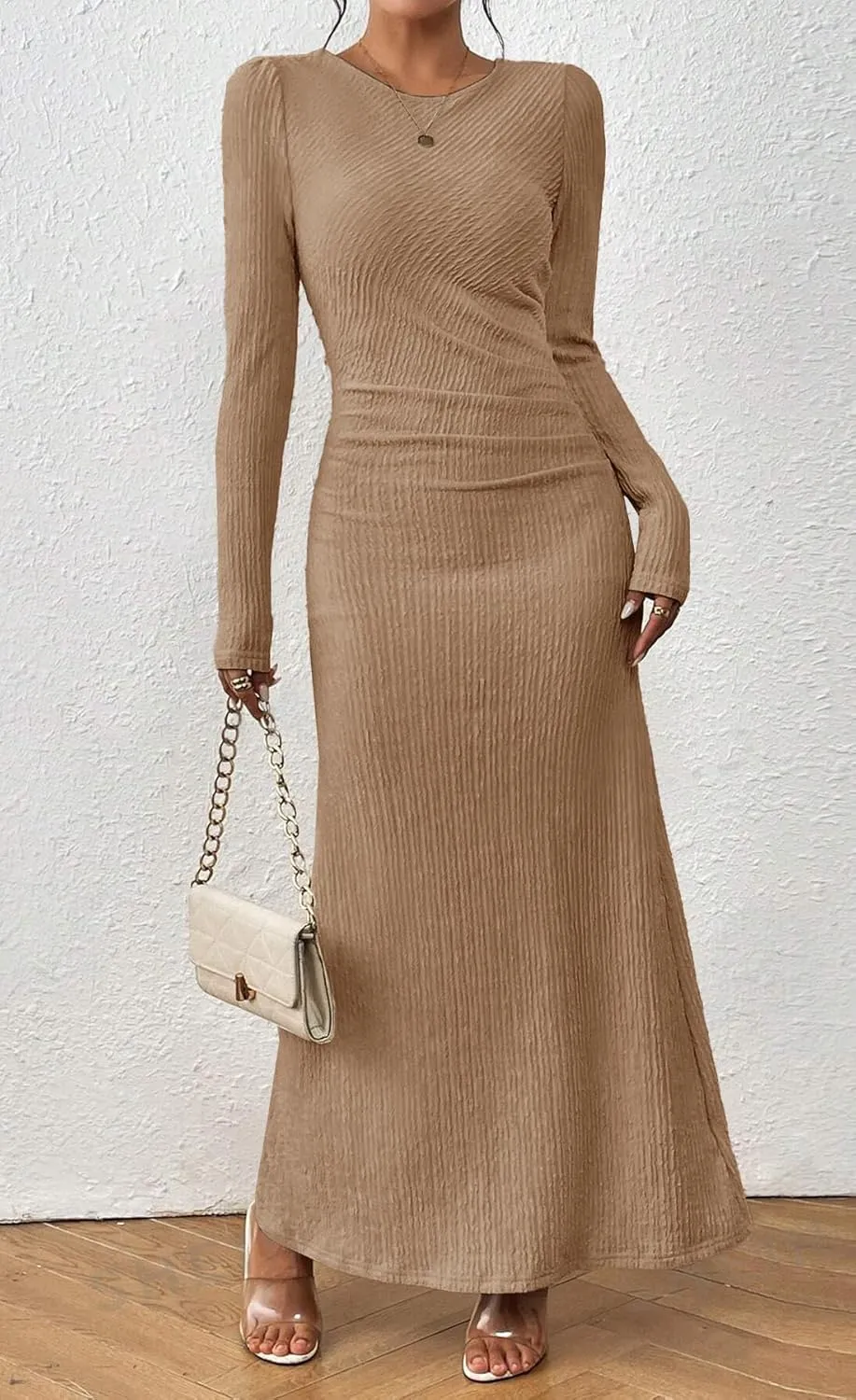 MITILLY Fall Dress for Women 2024 Long Sleeve Maxi Dress Formal Crew Neck Bodycon Ruched Textured Slim Cocktail Party Dress