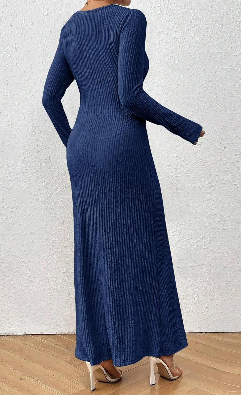 MITILLY Fall Dress for Women 2024 Long Sleeve Maxi Dress Formal Crew Neck Bodycon Ruched Textured Slim Cocktail Party Dress