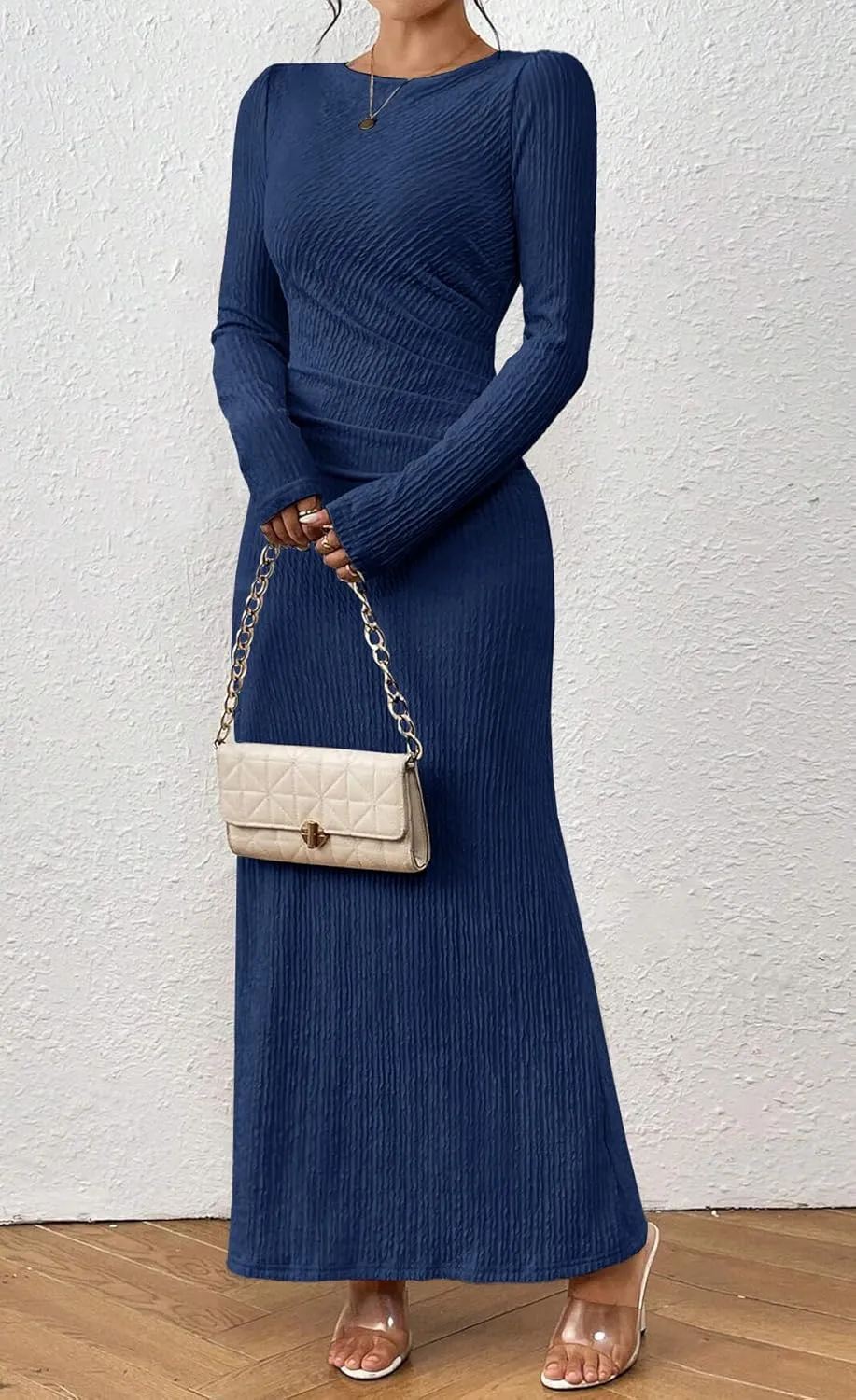 MITILLY Fall Dress for Women 2024 Long Sleeve Maxi Dress Formal Crew Neck Bodycon Ruched Textured Slim Cocktail Party Dress