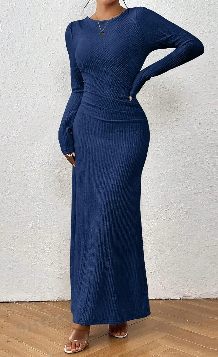 MITILLY Fall Dress for Women 2024 Long Sleeve Maxi Dress Formal Crew Neck Bodycon Ruched Textured Slim Cocktail Party Dress