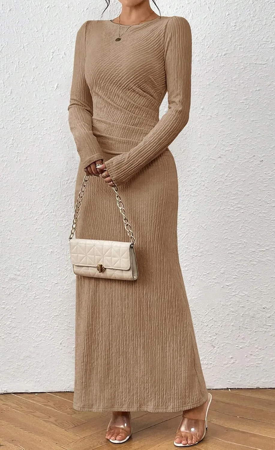 MITILLY Fall Dress for Women 2024 Long Sleeve Maxi Dress Formal Crew Neck Bodycon Ruched Textured Slim Cocktail Party Dress